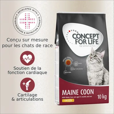 Sac Concept for Life Maine Coon 10 kg, poulet. Texte visible : conçu sur mesure pour les chats de race, soutien de la fonction cardiaque, cartilage & articulations. Développé avec experts. Sac Concept for Life Maine Coon 10 kg, poulet. Texte visible : conçu sur mesure pour les chats de race, soutien de la fonction cardiaque, cartilage & articulations. Développé avec experts.