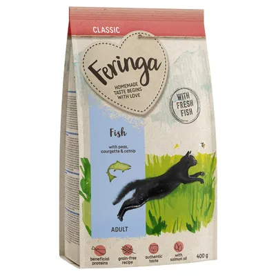 Feringa Classic Adult kattefoder med frisk fisk, ærter, zucchini og kattemynte. Kornfri opskrift, autentisk smag, med lakseolie. Pakningsstørrelse: 400g.