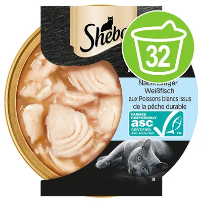 Sheba, pesce bianco sostenibile, confezione con pezzi di pesce in salsa, certificazione ASC, simbolo verde con numero 32, testo in tedesco e francese visibile.
