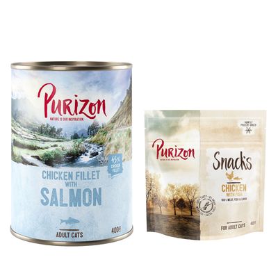 Purizon Kombi-Paket: Adult Nassfutter + Snack 24 x 400 g Hühnerfilet mit Lachs + 3 x 40 g Huhn mit Fisch