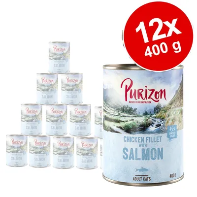 Purizon Chicken Fillet with Salmon natvoer voor volwassen katten, 12 blikken van 400 g. Op het etiket: 45% chicken fillet. Grote rode cirkel met tekst: 12x 400 g.