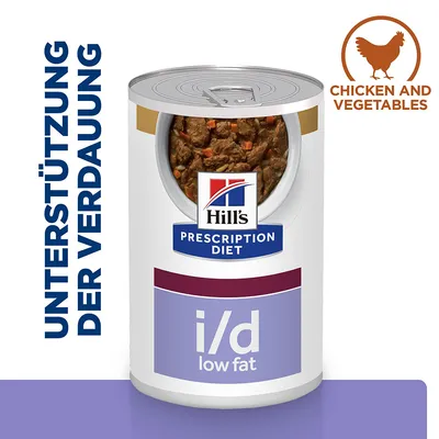 Hill's Prescription Diet i/d low fat Nassfutter mit Huhn und Gemüse, unterstützt die Verdauung.