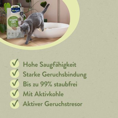 Biokat's Organic Care Plant Fibers Katzenstreu. Hohe Saugfähigkeit, starke Geruchsbindung, bis zu 99% staubfrei, mit Aktivkohle, aktiver Geruchstresor.