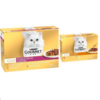 Purina Gourmet Perle, 96 x 85 g = 8160 g. Warianty: z pstrągiem, indykiem, kaczką, dziczyzną. Wielojęzyczny opis na opakowaniu.