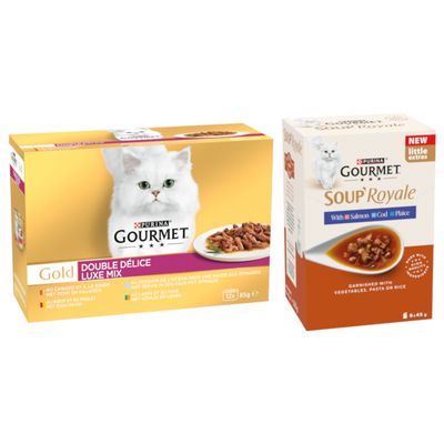 Purina Gourmet Gold Ragout rafinat, 96x conserve în sortimente diferite. Ambalaj și imagini ale produsului vizibile.