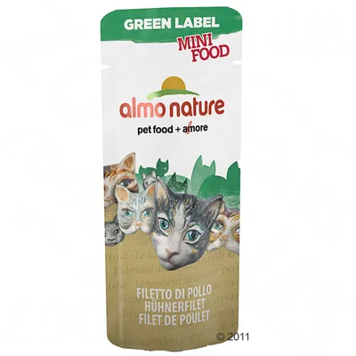 Almo Nature Green Label Mini Food, pet food + amore. Filletto di pollo, Hühnerfilet, Filet de poulet. Förpackning med illustration av kattansikten.