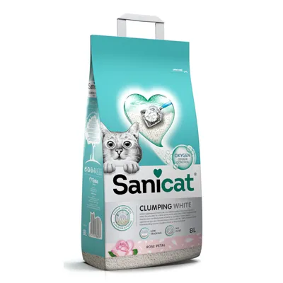Sac de litière pour chat Sanicat Clumping White 8L, contrôle des odeurs par oxygène, faible traînée, sans poussière, parfum rose, illustration de chat et pelle à litière visibles.