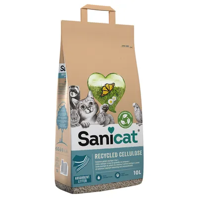 Sanicat Recycled Cellulose наполнитель для кошачьего туалета, 10 л, из переработанной целлюлозы, высокая впитываемость, мягкий для лап. На упаковке изображены кошка, сердце с природным мотивом и символ переработки.