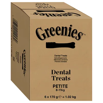 Greenies Dental Treats PETITE 8–11 kg, 6 x 170 g = 1,02 kg. Ruskea pakkaus, teksti englanniksi ja useilla kielillä: Dental Treats, Zahnpflegesnacks, Bâtonnets dentaires, Premios Dentales.