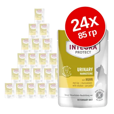Упаковка Animonda Integra Protect Urinary с курицей, 24×85 г. Видны надписи: URINARY HARNSTEINE, ohne Getreide, urinary pH 6,5, veterinary diet.