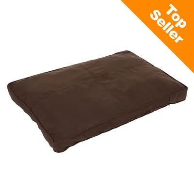 Coussin rectangulaire marron en tissu, mention « Top Seller » en haut à droite sur fond orange.