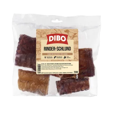 DIBO Beef Gullet, fine delicacy for dogs, supports dental health and digestion, easily digestible, single feed, 250g pouch. DIBO Beef Gullet, fine delicacy for dogs, supports dental health and digestion, easily digestible, single feed, 250g pouch.