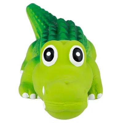 Grünes Krokodil-Spielzeug aus Gummi mit grossen weissen Augen und strukturiertem Rücken.