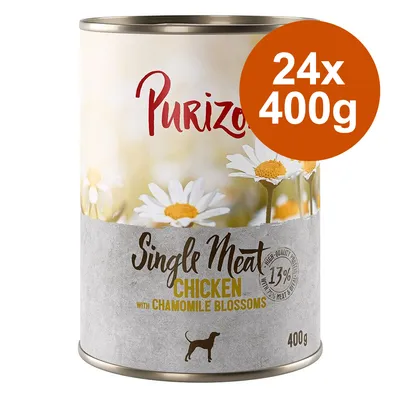 Purizon Single Meat Chicken mit Kamillenblüten, 24x400g Dose. Enthält 13% Fleisch und tierische Zutaten.