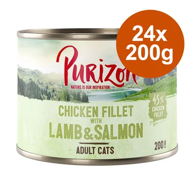 Purizon Chicken Fillet with Lamb & Salmon pour chats adultes, 45 % chicken fillet, lot de 24 x 200 g, texte en anglais sur l’emballage.