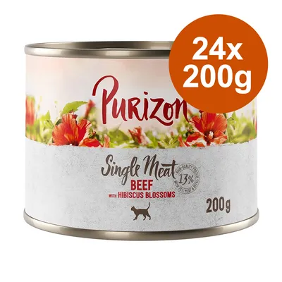Purizon Single Meat Beef med hibiskusblommor, 24x200g burk, 13% protein, lämplig för katter. Purizon Single Meat Beef med hibiskusblommor, 24x200g burk, 13% protein, lämplig för katter.