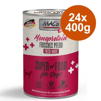 MAC's Monoprotein Frisches Pferd Fresh Horse, Super Food for Dogs, 24x400g, Made in Germany. Texte en anglais et allemand sur l'emballage.