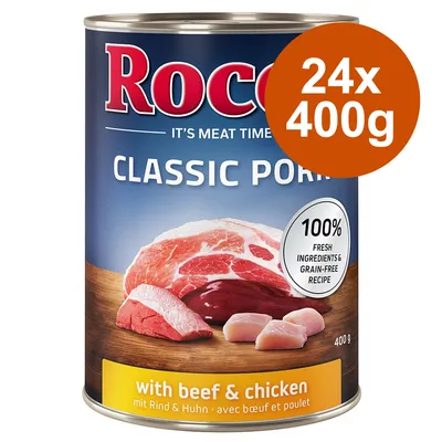 Rocco Classic Pork Nassfutter, 24x400g, mit Rind und Huhn, 100% frische Zutaten, getreidefreie Rezeptur.