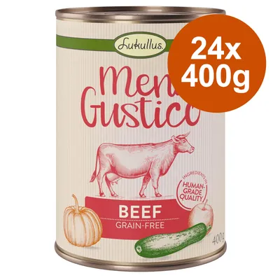 Lukullus Menü Gustico Rind, getreidefrei, Human Grade Quality. Packungsgrösse: 24x400g.