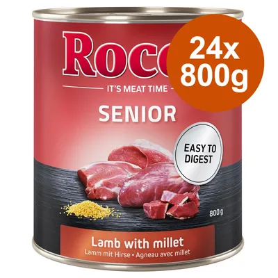 Rocco Senior, agneau avec millet, 24 x 800 g. Texte visible : EASY TO DIGEST. Boîte de nourriture pour animaux, poids net 800 g.