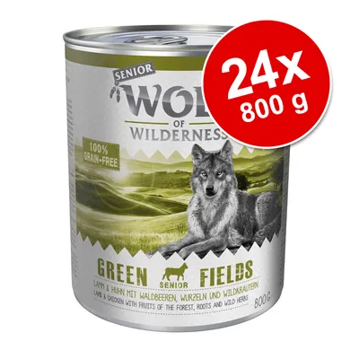 Wolf of Wilderness Green Fields Senior, 24x800 g. 100% grain-free. Lamm & kyckling med skogsbär, rötter och vilda örter. Text på engelska och tyska synlig på burken.