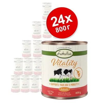 24 консерви по 800 г Lukullus Vitality Adult, говеждо с броколи, картофи и папая. Подпомага подвижността на кучето. Беззърнеста рецепта.