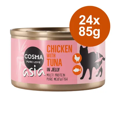 Cosma Asia Chicken with Tuna in Jelly, Multi Protein, Pure Meat & Fish, 24x85g. Katzenfutter mit Huhn und Thunfisch in Gelee. Cosma Asia Chicken with Tuna in Jelly, Multi Protein, Pure Meat & Fish, 24x85g. Katzenfutter mit Huhn und Thunfisch in Gelee.