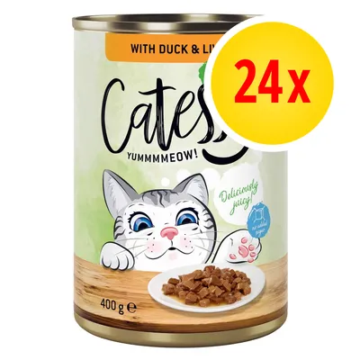 Catesse Yummmmeow! with duck & liver, 400 g. Confezione da 24x. Testo visibile: Deliciously juicy!, no added sugar.