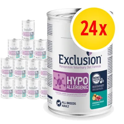 24 lattine Exclusion Monoprotein Veterinary Diet Formula Hypoallergenic, visibile testo: MONO PROTEIN Formula, ALL BREEDS ADULT, Venison & Potato Cervo e Patate.