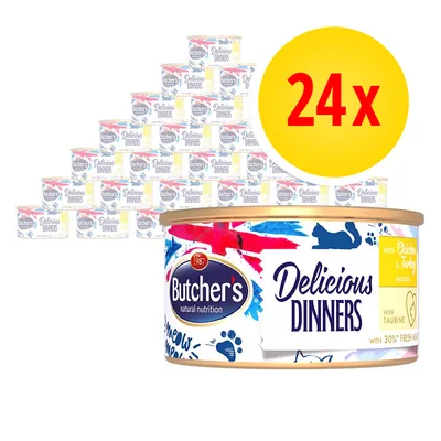 Confezione da 24 vaschette Butcher's Delicious Dinners, mousse con pollo e tacchino, con taurina, 30% carne fresca. Testo visibile: 'natural nutrition', 'with chicken & turkey', 'with taurine'.