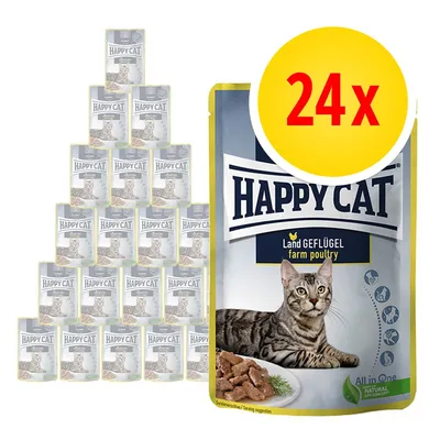 24 confezioni di Happy Cat Land Geflügel farm poultry, immagine di un gatto e crocchette sulla confezione. Testo visibile: All in One, Natural Life Concept.