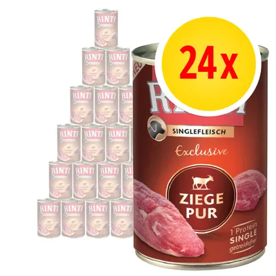RINTI Singlefleisch Exclusive Ziege Pur, 24× konzerv. Na etiketě text: 1 Protein Single, getreidefrei. Vyobrazené kusy masa a silueta kozy.
