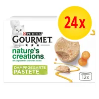 Purina Gourmet nature's creations Dampfgegarte Pastete, lot de 24x pâtées pour chat, image d'une pâtée avec carottes, texte en allemand, boîte 12x visible.