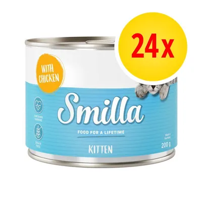 Boîte Smilla Kitten 200 g, lot de 24. Texte visible : WITH CHICKEN, CONTAINS TAURINE, GRAIN-FREE, FOOD FOR A LIFETIME. Marque et informations en anglais sur l’emballage.