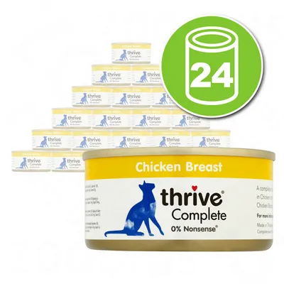 Lot de 24 boîtes thrive Complete Chicken Breast, 0% Nonsense, étiquette jaune avec silhouette de chat bleu. Texte visible : Chicken Breast, thrive Complete, 0% Nonsense.