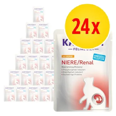 Kattovit Feline Diet NIERE/Renal med kyckling, 24-pack. Text: Niereninsuffizienz, fosforhalt reducerat, proteinhalt reducerat, högvärdiga proteiner, förbättrad receptur.
