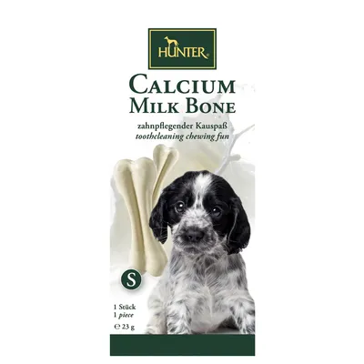 Hunter Calcium Milk Bone S, 1 kpl, 23 g. Pakkauksessa koiranpentu ja puruluu. Tekstit: zahnpflegender Kauspaß, toothcleaning chewing fun.