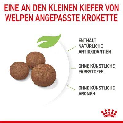 Krokett, anpassad för valpars små käkar. Innehåller naturliga antioxidanter, utan konstgjorda färgämnen, utan konstgjorda aromer.