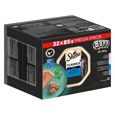 Sheba Classics kattenvoer MEGA-PACK, 32 x 85 g. Afbeelding van verpakking met verschillende smaken en een kat. Zichtbare tekst: '32 x 85 g', 'Classics', 'MEGA-PACK'.