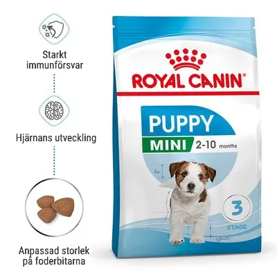 Royal Canin Puppy Mini 2–10 months, bild på valp, text: Starkt immunförsvar, Hjärnans utveckling, Anpassad storlek på foderbitarna, synliga foderbitar och förpackning.