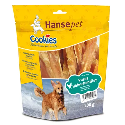 Hansepet Cookies Delikatessen til hunde, rent kyllingebrystfilet, 200g. Fødevarekvalitet, fedtfattig og letfordøjelig, nænsomt ovntørret. Hansepet Cookies Delikatessen til hunde, rent kyllingebrystfilet, 200g. Fødevarekvalitet, fedtfattig og letfordøjelig, nænsomt ovntørret.