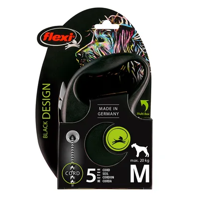 flexi Black Design повод с корда, черен, 5 м - M: до 20 кг