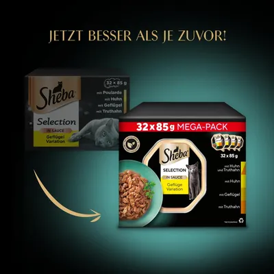 Sheba Selection in Sauce, птиче асорти, мега пакет 32x85g с пиле, пуйка и птиче месо.