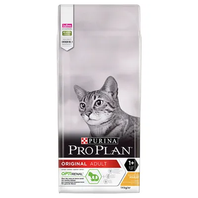 PURINA PRO PLAN Original Adult 1+ Rich in Poulet tørfoder til kat, 14 kg. Tekst: OPTIRENAL, isfm, no added, high quality chicken no. 1 ingredient.