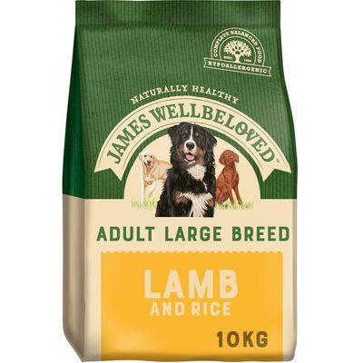 James Wellbeloved Adult Large Breed Lamb and Rice hondenvoer, hypoallergeen, 10 kg zak. Op de verpakking staan drie honden afgebeeld.