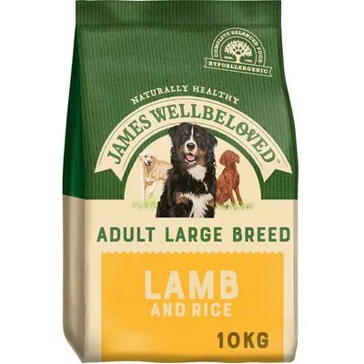 James Wellbeloved Adult Large Breed Lamb and Rice hondenvoer, hypoallergeen, 10 kg zak. Op de verpakking staan drie honden afgebeeld.