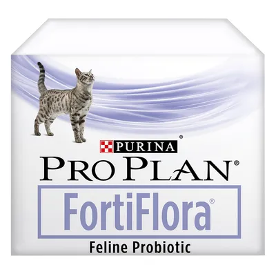 Опаковка с текст: PURINA PRO PLAN FortiFlora Feline Probiotic. Изображение на сива котка върху бял и лилав фон.
