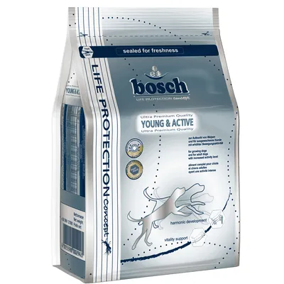 Bosch Life Protection Concept Young & Active, Ultra Premium Quality, för växande hundar med hög aktivitetsnivå. Färskförpackning, stödjer harmonisk utveckling och vitalitet.