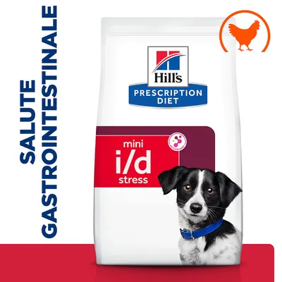 Confezione Hill's Prescription Diet mini i/d stress, scritta 'SALUTE GASTROINTESTINALE', simbolo pollo arancione in alto a destra, cane visibile in basso.