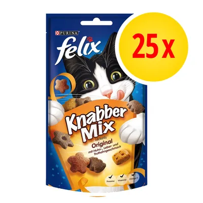 Purina felix Knabber Mix Original Leckerlis mit Huhn-, Leber- und Truthahngeschmack, 25x. Enthält Hinweise auf Proteine, Vitamine und Omega 6.